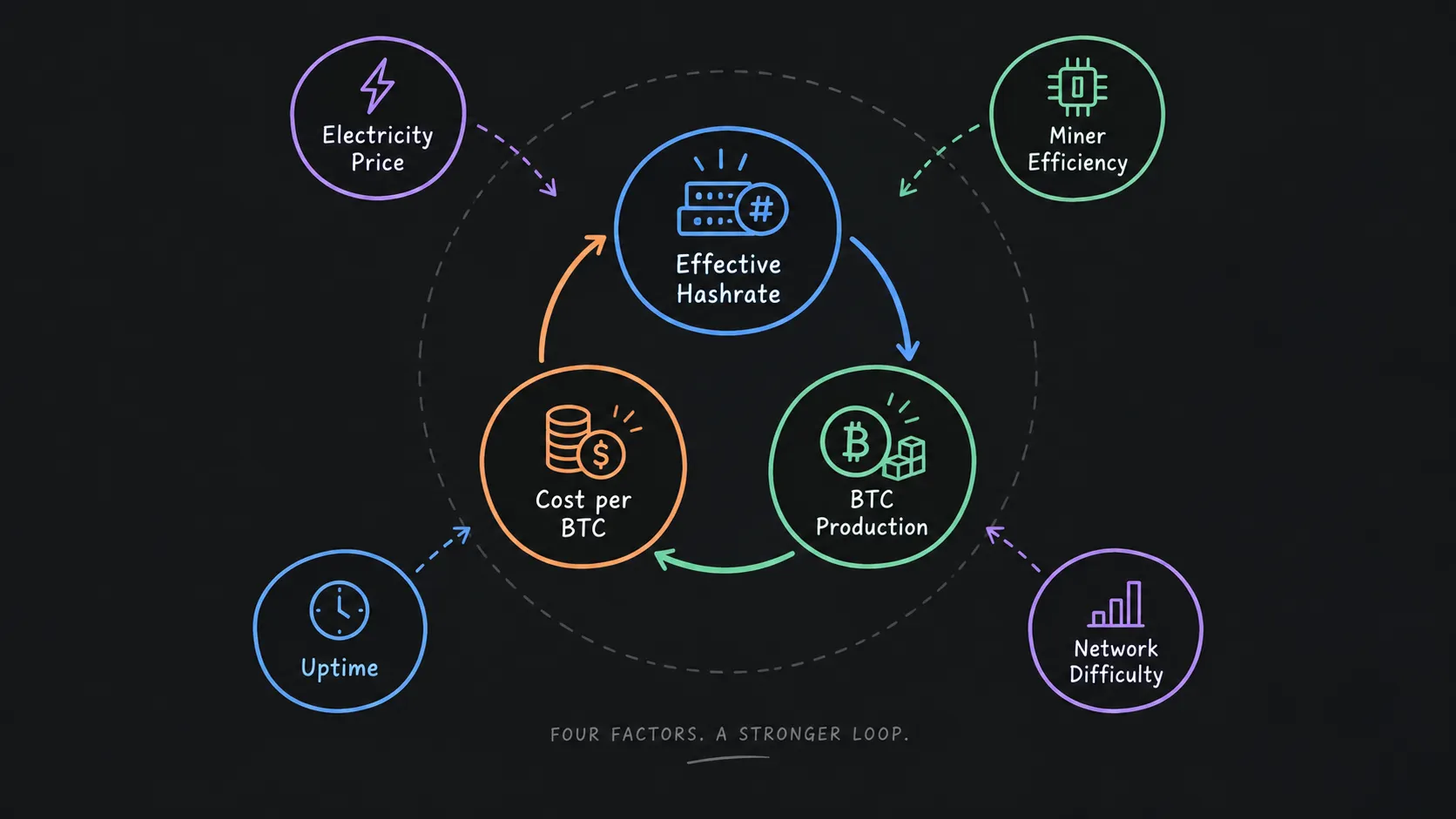Linkage among BTC production, effective hashrate, and cost per BTC